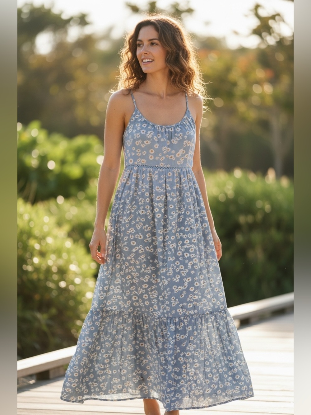 Pink Rose Blue Floral Spaghetti-Strap Maxi Dress